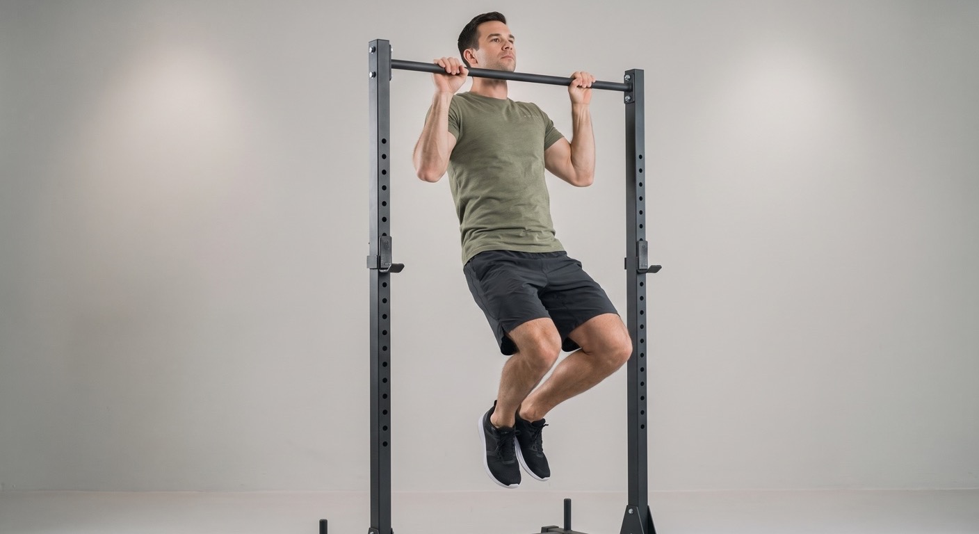 Atleta cerca de la parte alta de una dominada kipping con ambas rodillas flexionadas