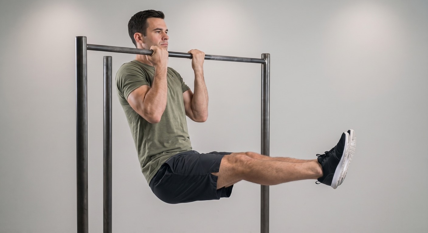 Atleta realizando una dominada en L con las piernas rectas en horizontal