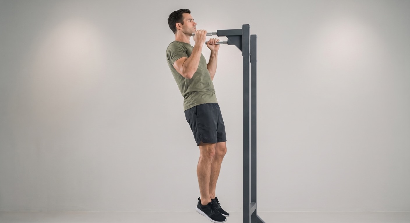Atleta realizando una dominada con agarre neutro en agarres paralelos