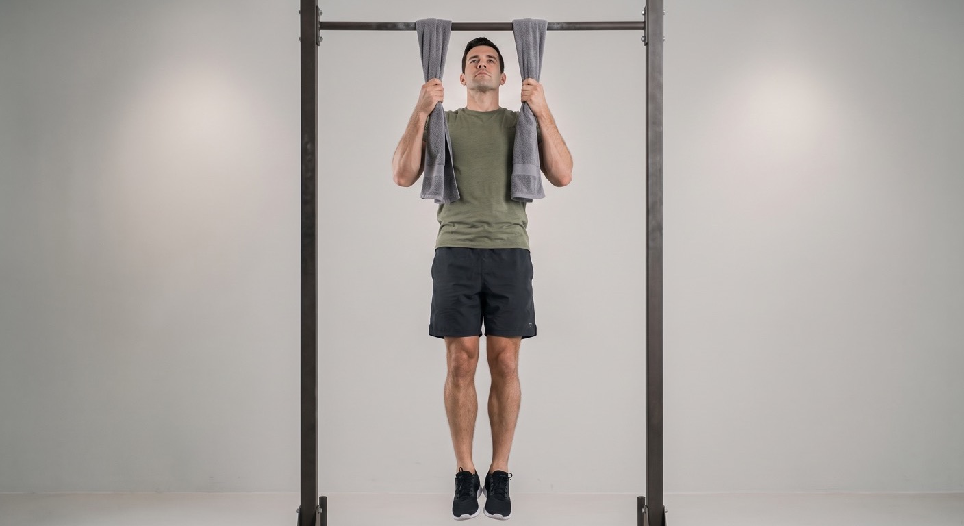 Atleta realizando una dominada sujetando dos toallas