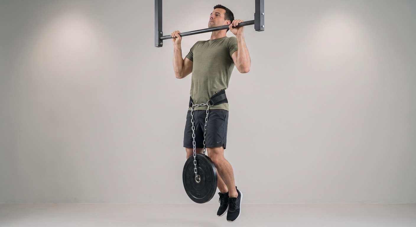 Atleta realizando una dominada con lastre con un disco colgando de un cinturón de dips